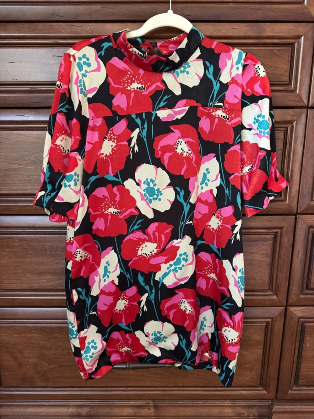 Bold Floral Mock Neck Top in Black, Red & Cream, ZARA